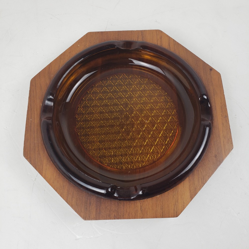 Vintage Mid Century Modern Amber Glass Ashtray Octagon Wood Base MCM 8.5 Inch